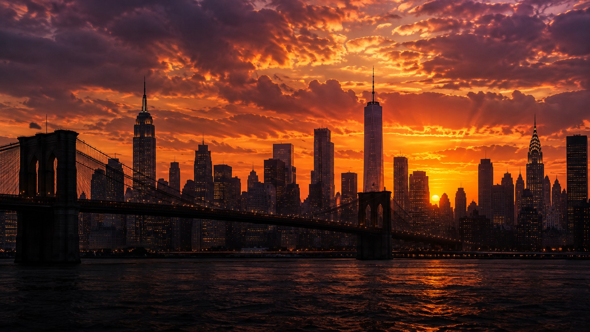 New York City skyline at sunset